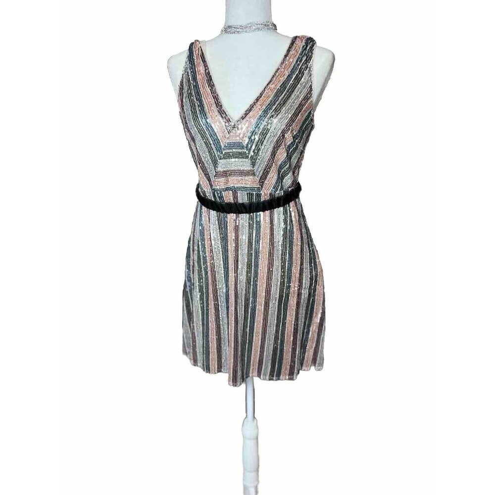 RAGA DRESS STRIPE ALL THE SEQUINS  DRESS MINI V NECK SLEEVELESS SIZE Large